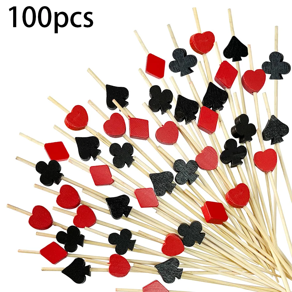 Casino-Poker-Zahnstocher Cocktail-Obstspieße Sandwich-Cupcake-Dekoration für Geburtstagsfeiern Schwarze Rote Stäbchen Poker-Bambus-Zahnstocher – Detail 1