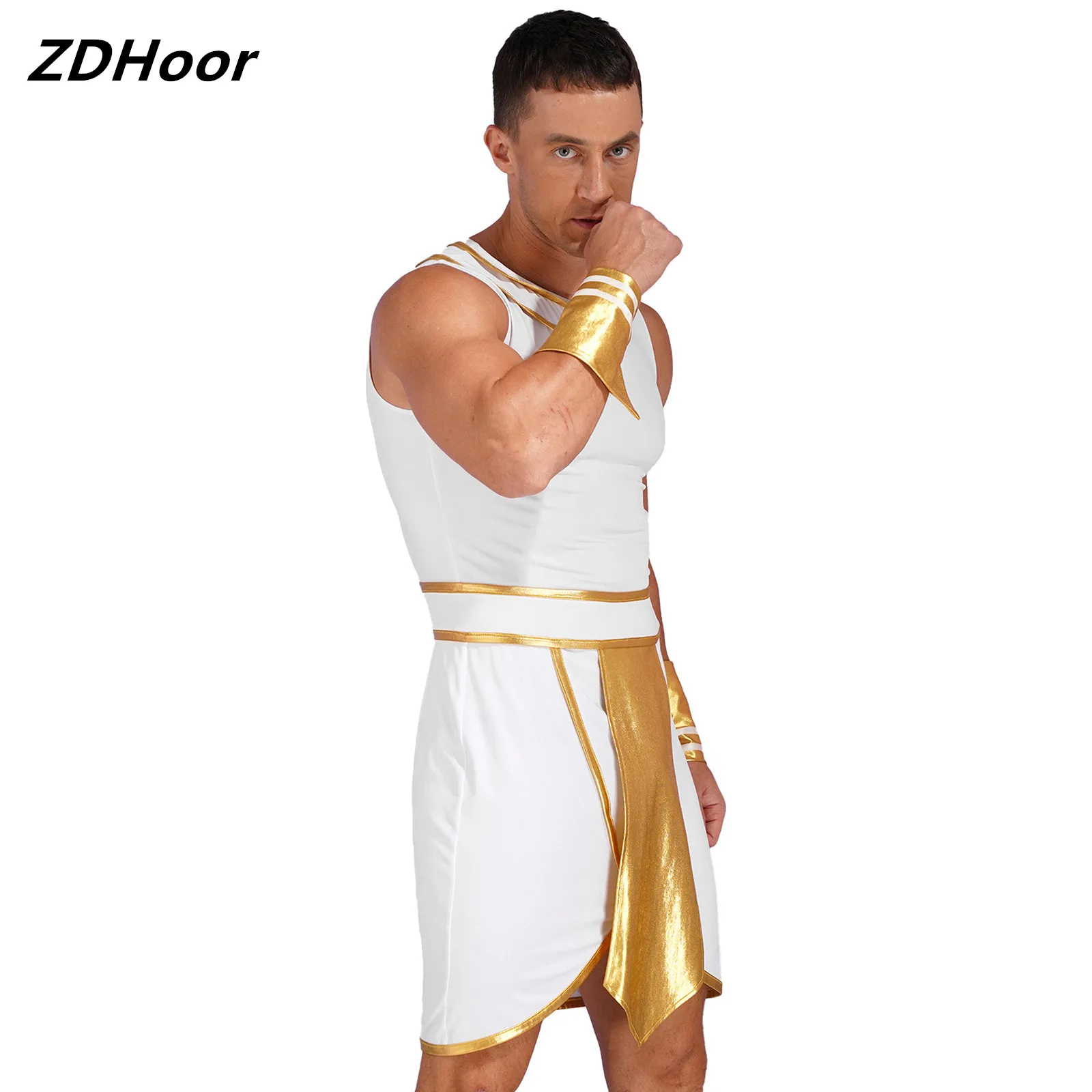 

Mens Ancient Egypt Role-Playing Outfit Adult Halloween Masquerade Party Costume Round Neck Sleeveless Dress with Cuffs