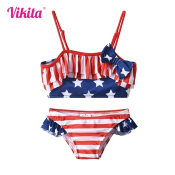 VIKITA Costume da bagno per ragazze Due pezzi Abbigliamento da nuoto per bambini con fiocco Costumi da bagno per neonate Strisce stellate Abiti da spiaggia estivi per bambini 1
