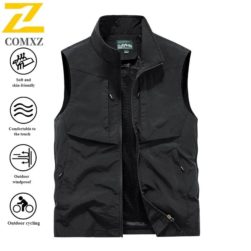 Men's Outdoor Workwear Vest Spring Autumn Thin Fishing Waistcoat Casual Solid Color Utility Jacket Multi-Pocket Breathable 2025