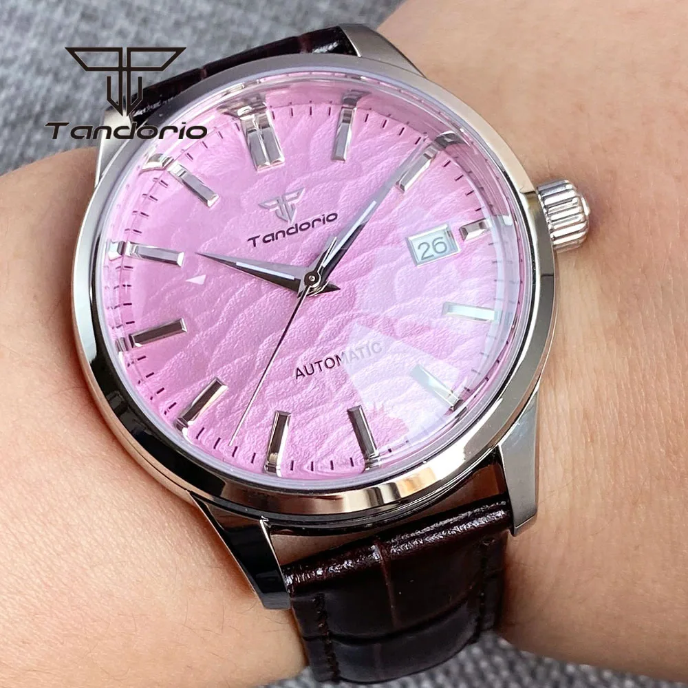 Tandorio Nh35 Quadrante Rosa Orologio Da Uomo Automatico Double Domed Sapphire Crystal Date Meccanico 20Atm 40Mm Orologio Da Polso Vestito Luminoso