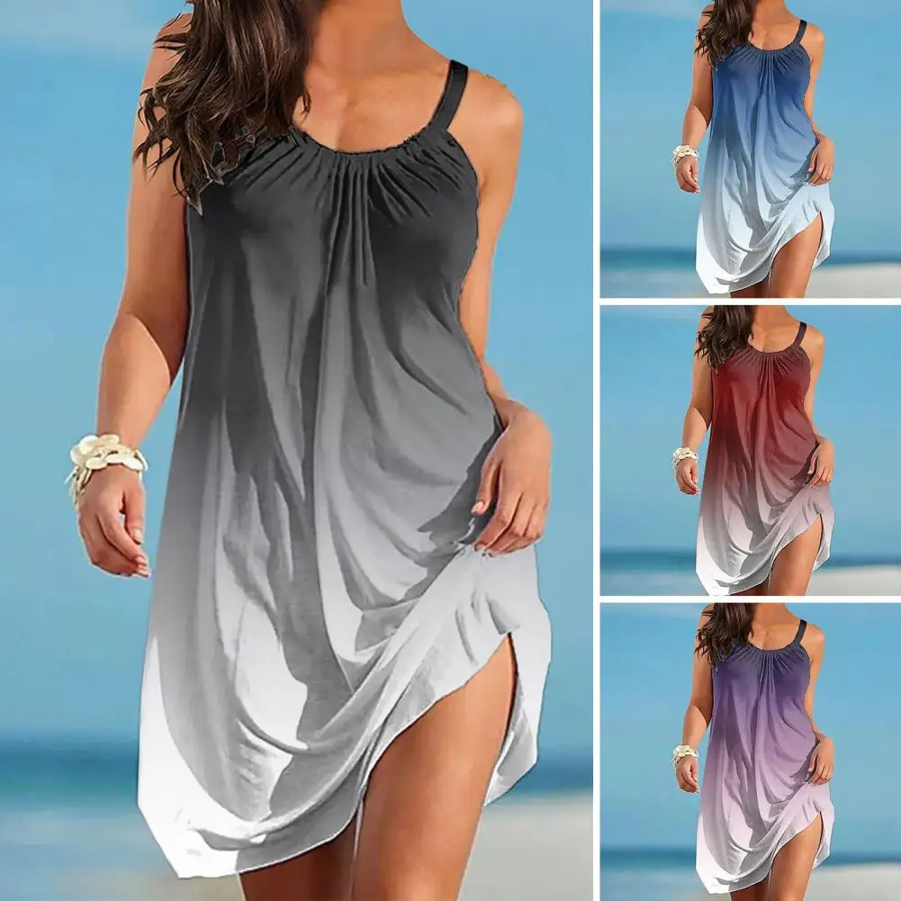 

Women Mini Dress Sleeveless Gradient Color Breathable Round Neck Beachwear Pleated Loose Backless Beach Dress Female Clothes
