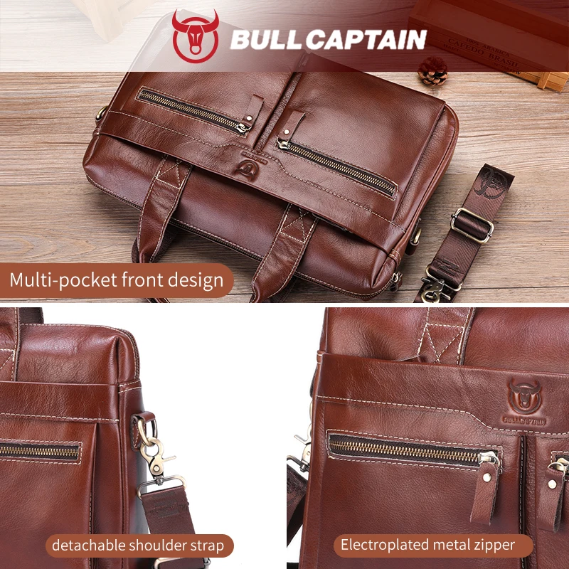BULLCAPTAIN Men's Leather Briefcase Can Be Used For 15.5-Inch Notebook Large-Capacity Work Bags Business Shoulder Messenger Bag 4
