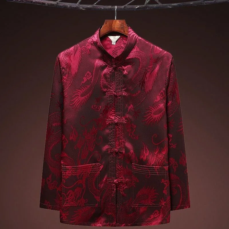 Chinese Dragon Pattern Retro Tang Suit Kung Fu Tai Chi Clothes Men's Hanfu Fu Cheongsam with Pocket Shirt Bottoming Shirt