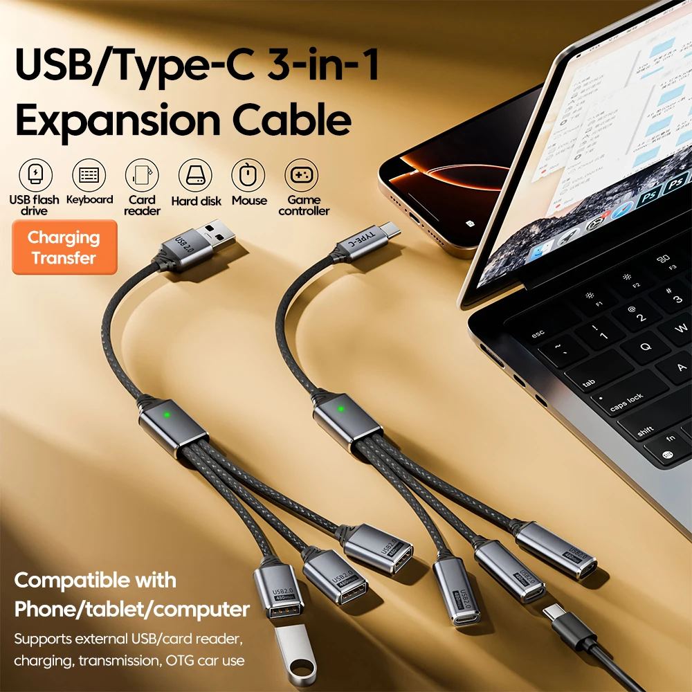 3 in 1 USB 타입 C 스플리터 허브 확장 케이블 멀티 포트 익스팬더 폰 충전기 전원 어댑터 OTG 충전 폰 태블릿용