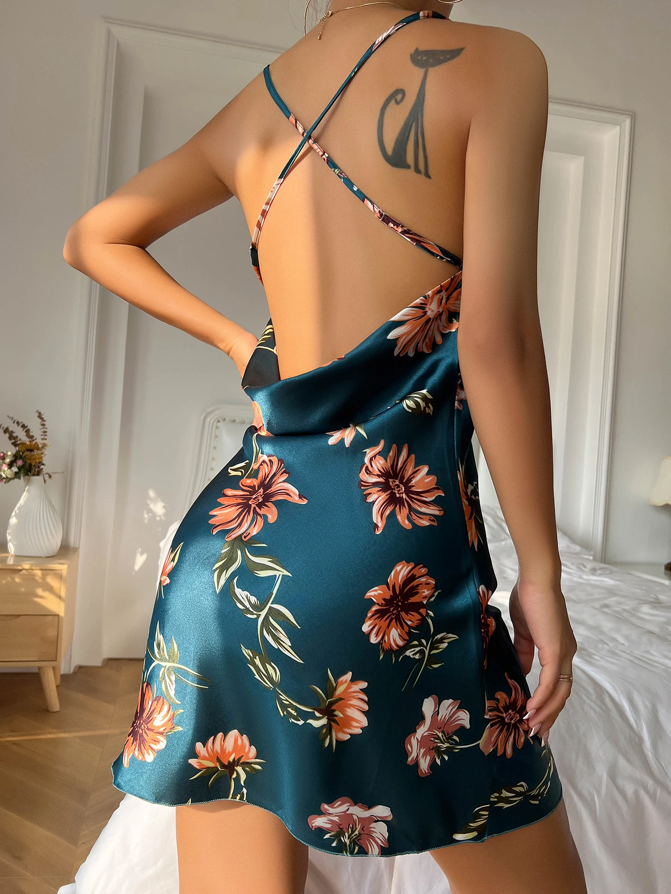 Summer  Sexy Crossover Nightgown Thin Ice Silk Dress Women's Floral Nightdress Thin Silk Breathable Pajamas Homewear