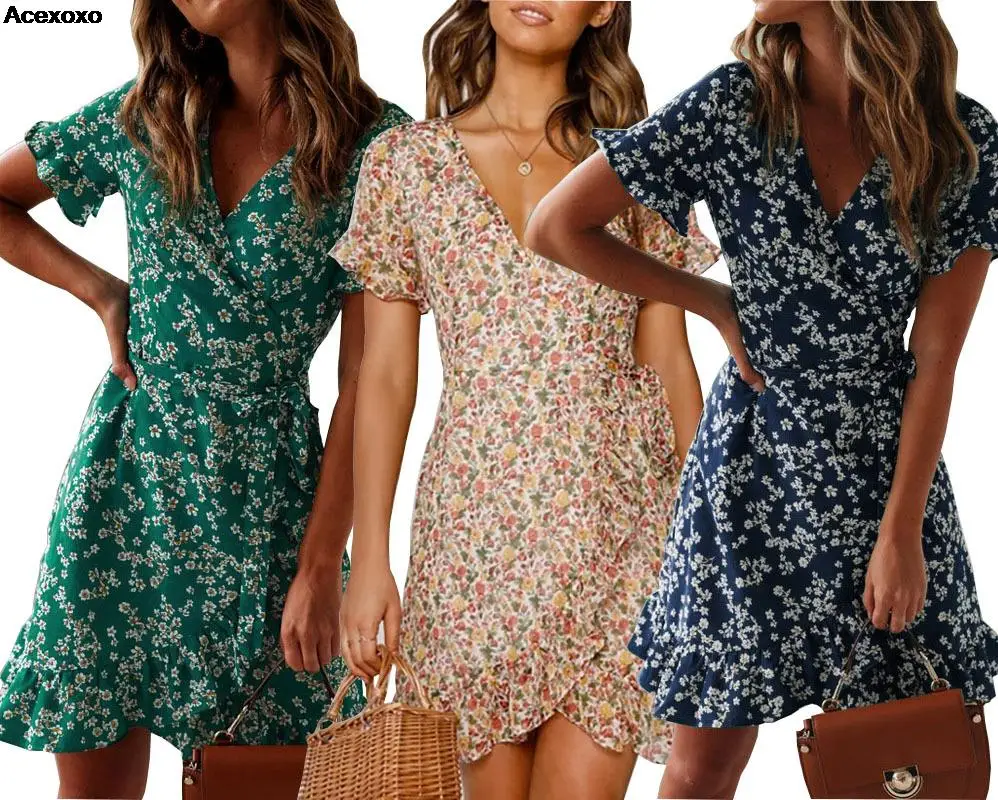 

Summer hot print V-neck lace high-waisted chiffon rag