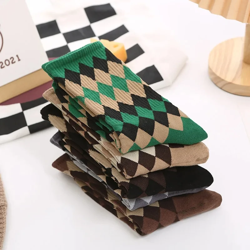 Harajuku Vintage Socken Japanischen College Stil Retro Diamant Muster Argyle Stricken Kawaii Socke Calcetines Mujer Für Mädchen Meias – Detail 6