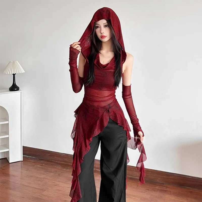 Vintage Gothic Mit Kapuze T Shirts Frauen Sexy Durchsichtig Schlank Y2K Tees Streetwear Harajuku mit Ärmeln Weibliche Unregelmäßige Tops