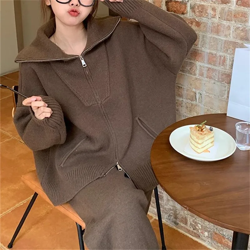 Autumn Winter Fashion Casual Loose Women Two Piece Set Knitted Zipper Long Sleeve Winter Warm Cardigan Coat+Wide Leg Pants Suit 3