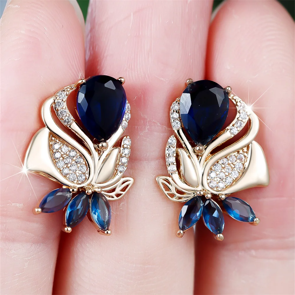 Cute Flower Blue Zircon Water Drop Stone Hoop Earrings For Women Vintage Gold Color Ear Buckle Wedding Jewelry Engagement Gifts