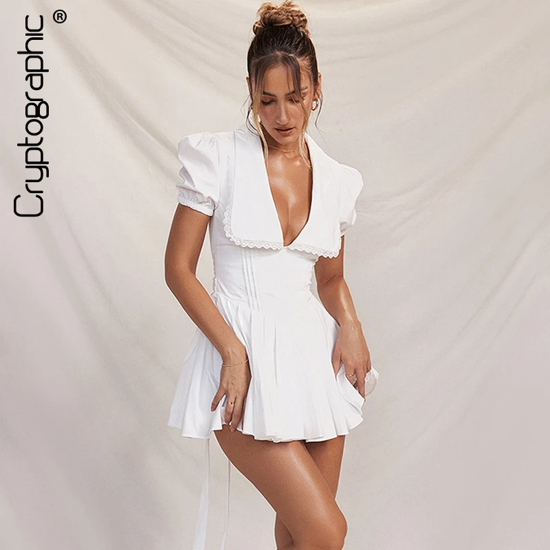 

Cryptographic Elegant Sexy Deep V Neck Pleated Mini Dresses A-Line Puff Sleeve Birthday Tie Back Bow Short Dress Party Clubwear