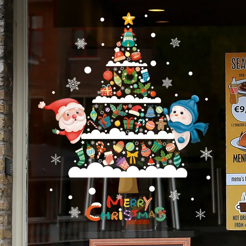 Cartoon Christmas Window Wall Stickers Noel Xmas Tree Static Electricity Wreath Santa Merry Christmas