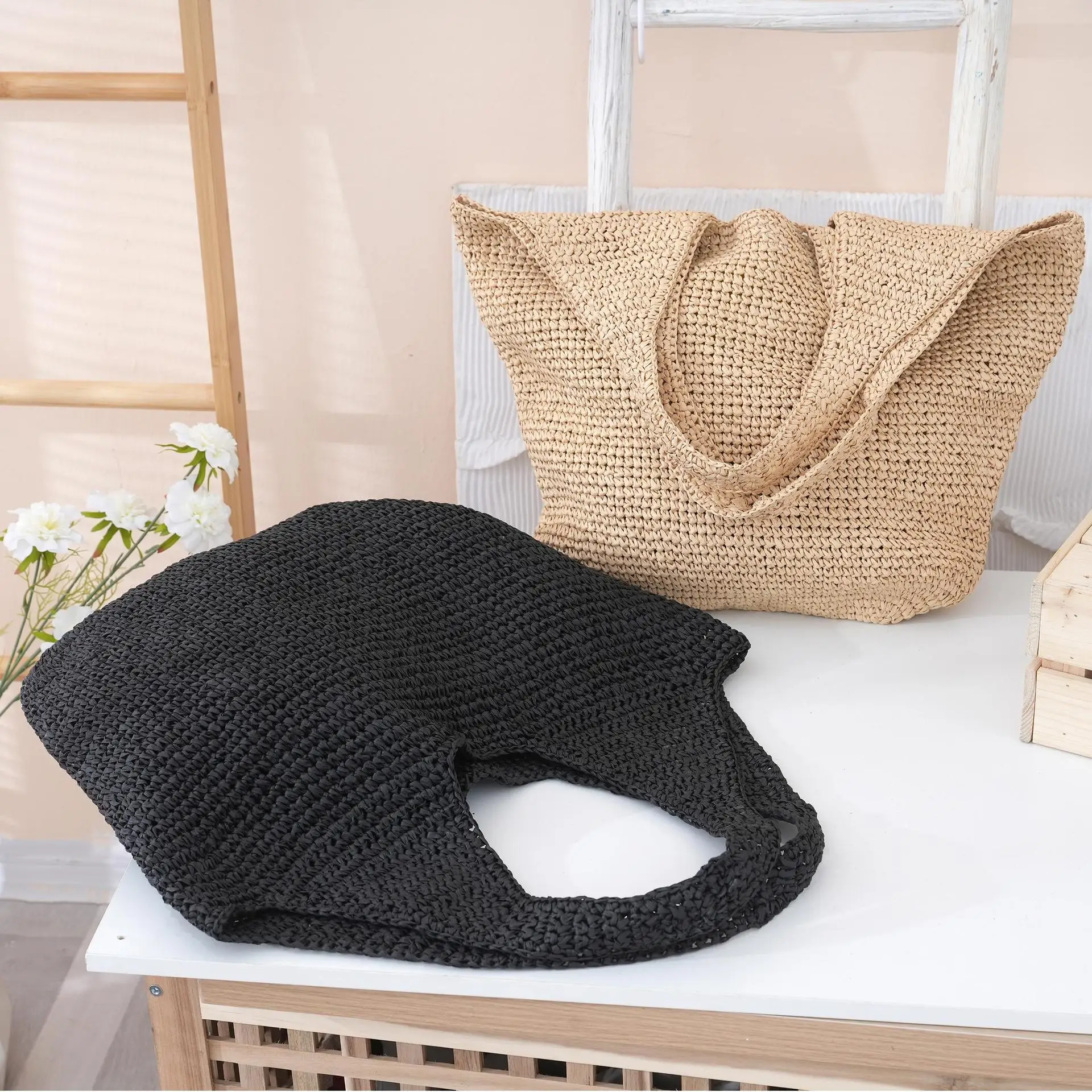 Large Capacity Straw Hobo Bag Handmade Summer Beach Handbag_voghion.com