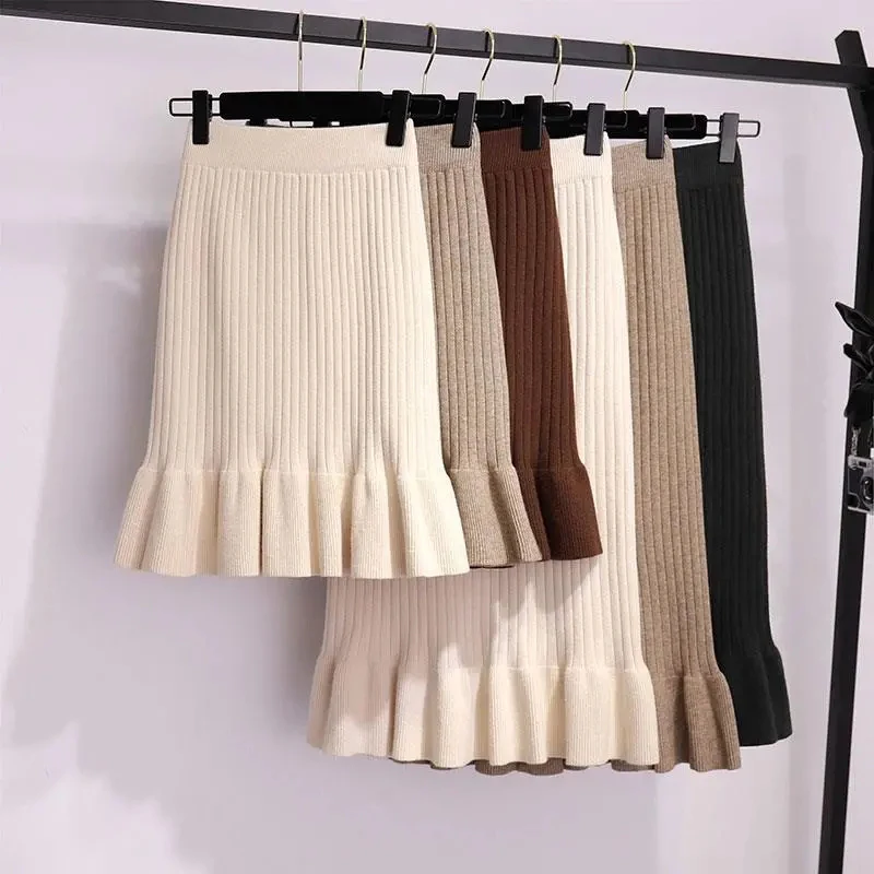 skorts for women Lucyever 2021 Vintage Knitted Mermaid Skirt Women Autumn Elastic High Waist Midi Skirts Woman Streetwear Package Hip Saias Mujer silk skirt