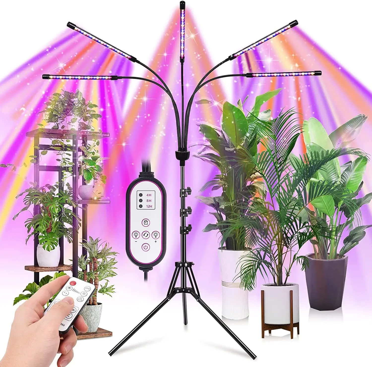 

5 Heads Grow Lights for Indoor Plants Red Blue Spectrum, 10 Dimmable Brightness, 4/8/12H Timer, 3 Switch Model