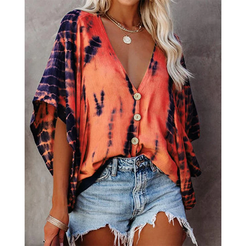 

Fashion Bat Sleeve Print Chiffon Shirt Ladies Half Sleeve Loose Top Sexy Women T-Shirt Casual Pullover Shirt Loose Button 2021