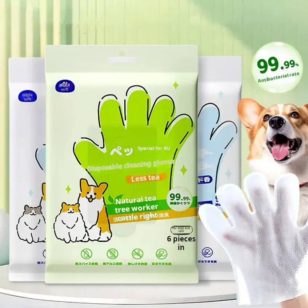 NEW High-end 6PCS Pet Wash Free Cleaning Gloves Pet Disposable Cleaning Gloves Stain Remover Dry Wet Wipes For CAT DOG