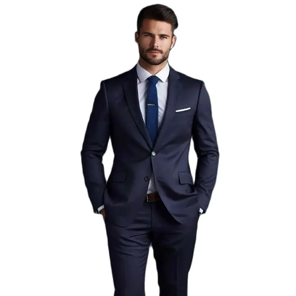 Summer Fashion Solid Men Suits Navy Blue High-end Notch Lapel Single Breasted Slim Wear Chic Business Casual Office Male Suit