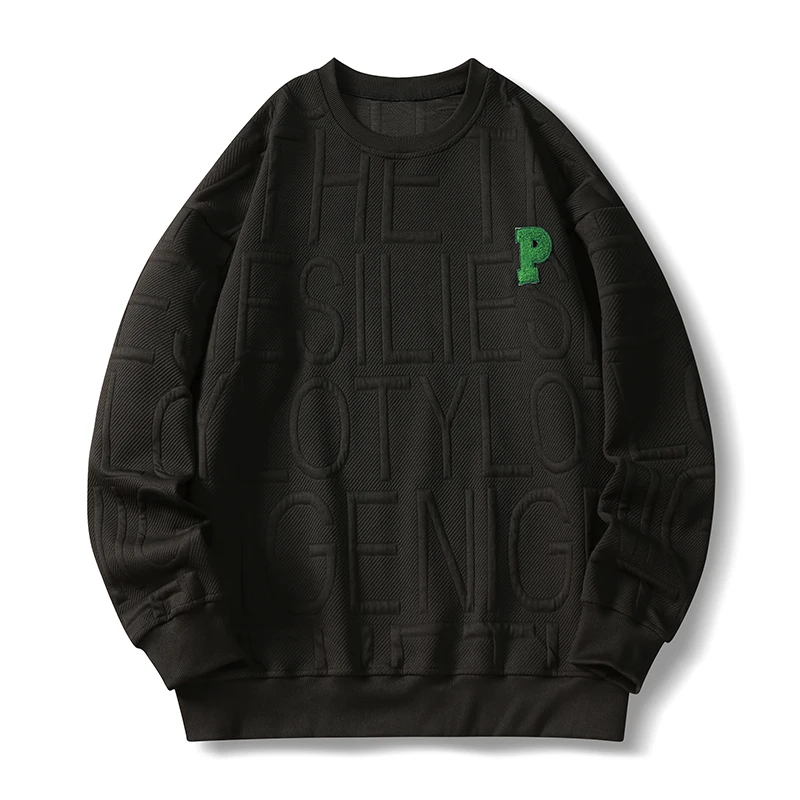 O-neck Men's Sweatshirt Autumn Embroidered Letter Long Sleeve Solid Color Loose Pullover Korean Casual High Street Male Hoodies