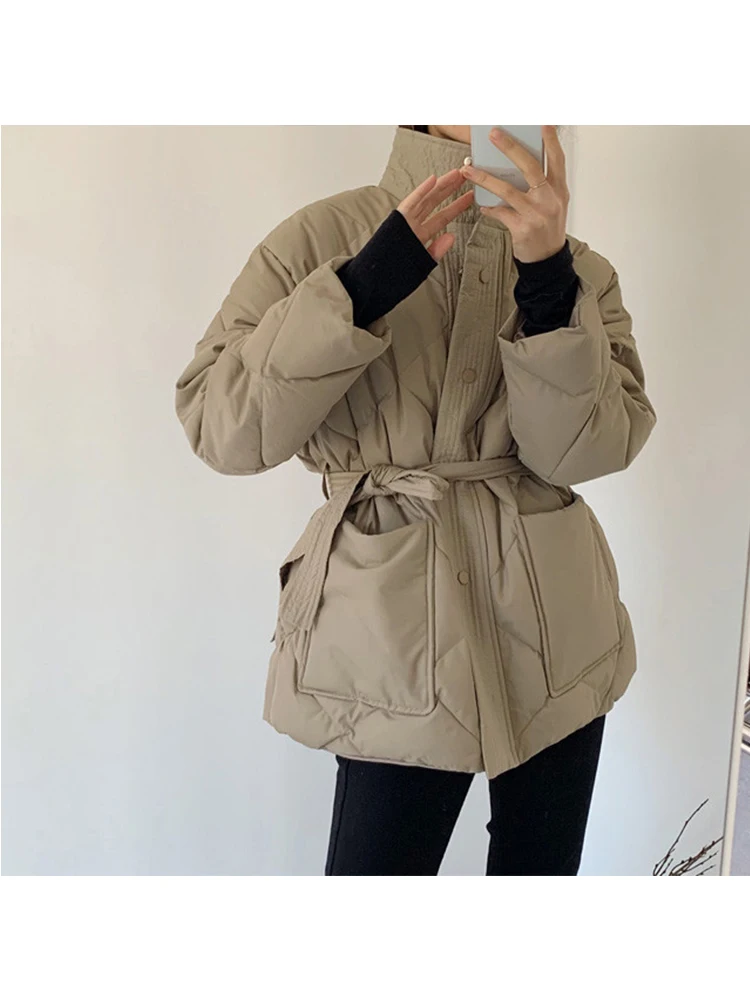 

Casual Notched Parkas Women Fashion Tie Belt Solid Black Coats Women Elegant Single Breasted Dual Pockets Cotton Jackets Female