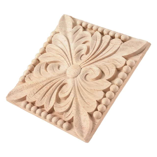 Natural Wood Appliques Square Flower Carving Decals Decorative Wooden Mouldings For Cabinet Door Furniture Decor Craft