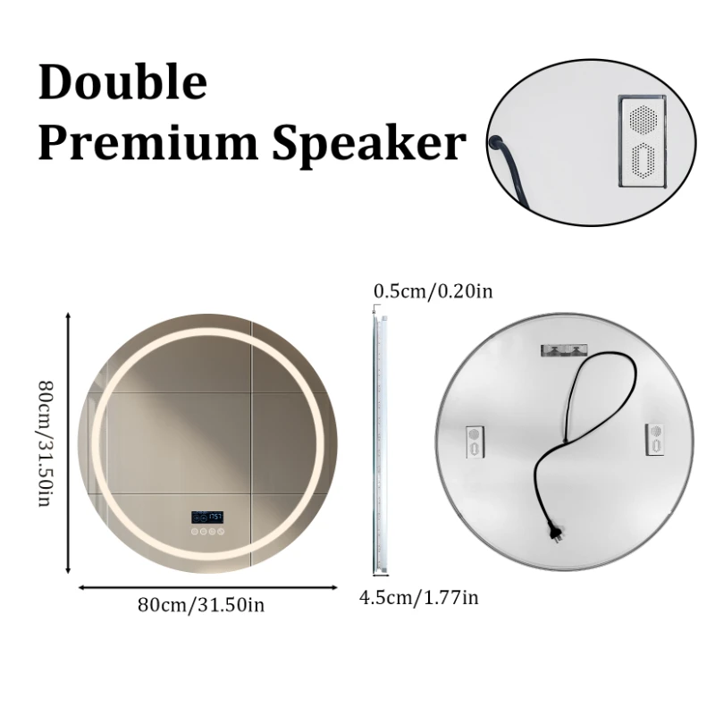 LED กระจกห้องน้ําพร้อมไฟ,32 "x 32" ติดผนัง 3 สีหรี่แสงได้ลําโพงบลูทูธ Temperatu Anti-FOG หน่วยความจํา 1