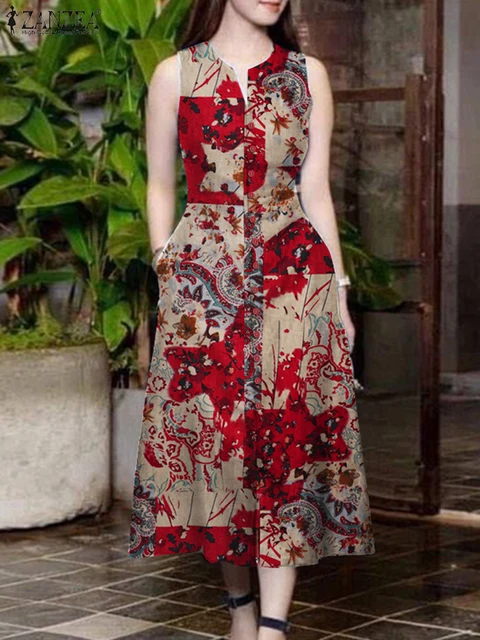 ZANZEA Casual Sleeveless Women's Midi Dress 2025 Summer Vintage Printing Cotton Sundress V-neck Slit Hem A-line Vestidos Mujer 1