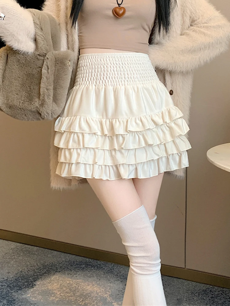 White Mini Skirt Women Ruffle Layered Y2K Korean High Waist