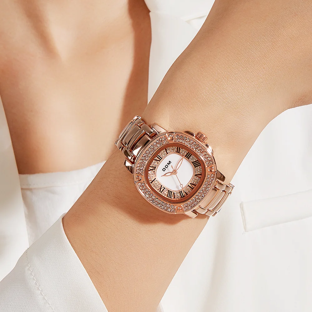 DOM watch light luxury watch retro fashion steel belt Full Diamond dial watch Quartz watch Waterproof Ladies Steel Strap G-1573