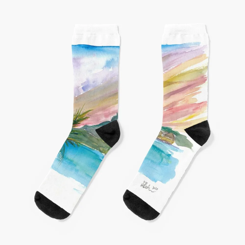 Tahiti Polynesian Dreams With Huts And Mountains Socks Basketball Socks
