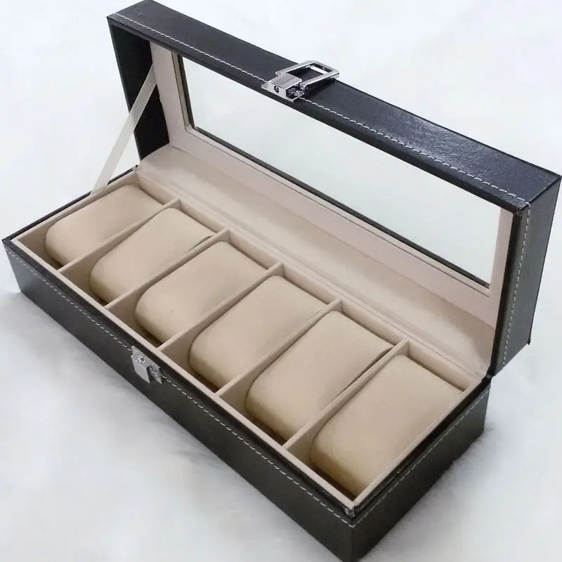 6 Grids Watch Boxes Black PU Leather Watches Case Holder Organizer Storage Box for Quartz Watch Jewelry Box Cover Display Gifts