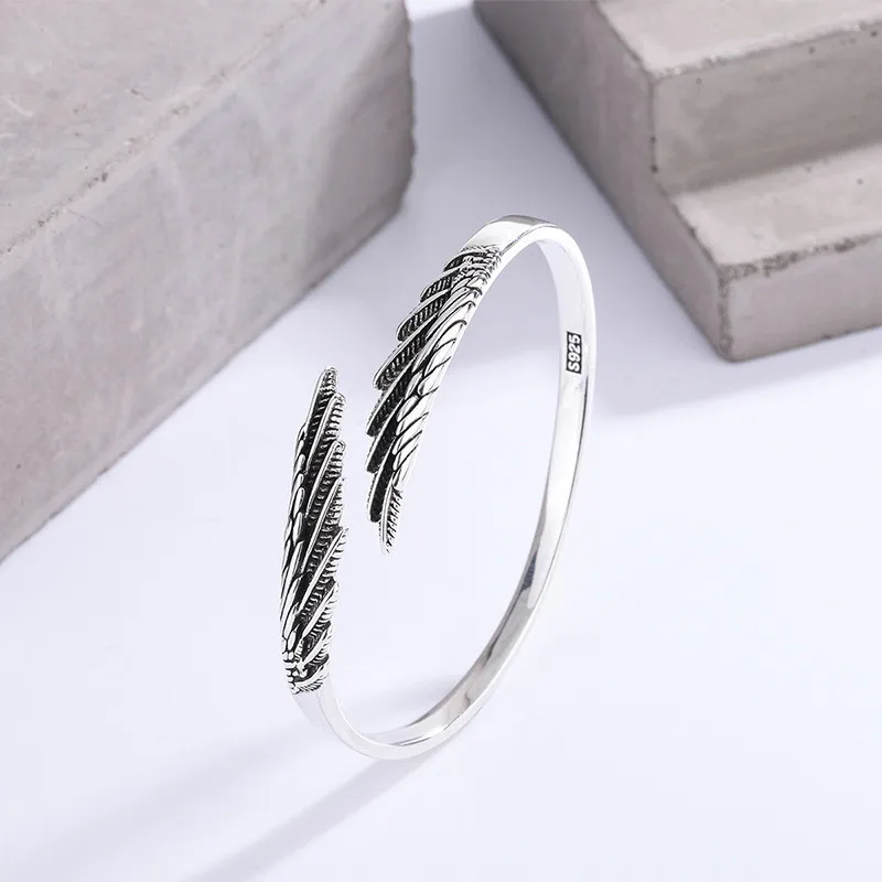 Thai Silver Vintage 925 Sterling Silver Feather Angel Wings Open Charm Bracelet & Bangles For Women Girl LB021 3