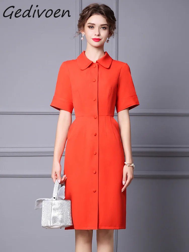 

Gedivoen Summer Fashion Runway Elegant Shirts Dress Women's Turn-Down Collar Button High Waist Loose Package Buttock Midi Dress