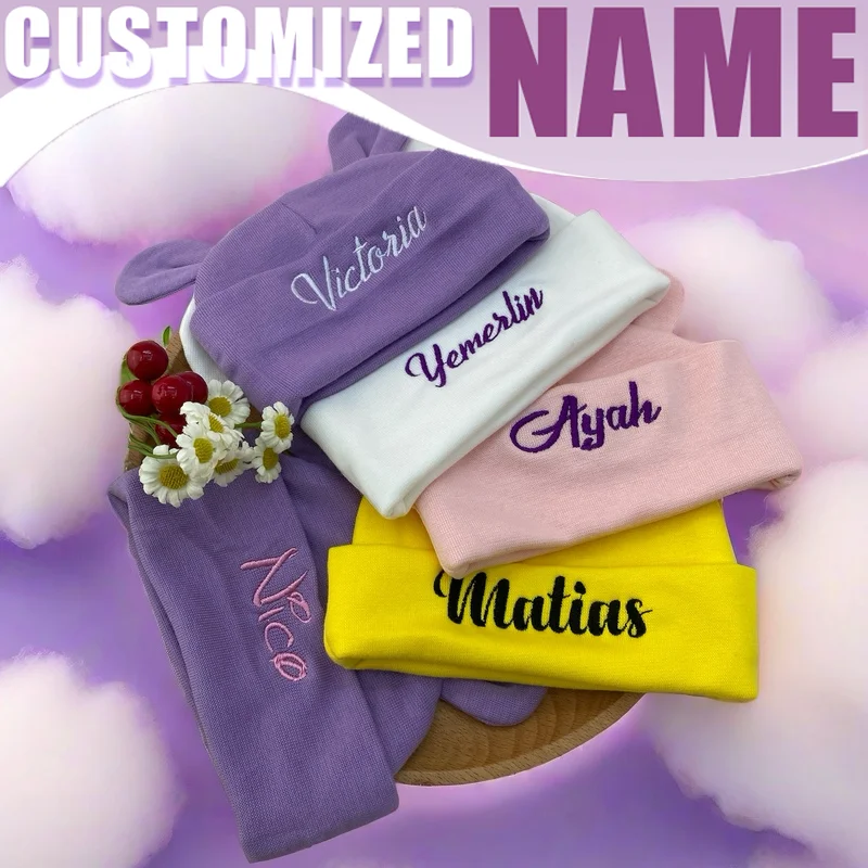 Personalized Baby Name Newborn Organic Cotton Beanie with Ears Unisex Breathable Hat Gift 0-6M Infant Daily Cap 4