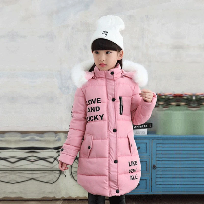 

Winter jacket coat fur collar hooded warm Printed letter top thickened girl 3-10 year Korean version fashion children's clothing