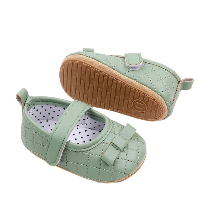 Newborn Baby Girl Princess Shoes Bow Mary Jane Flats Quilted Crib Shoes with Non-Slip Rubber Sole Baby Items Accessories 3