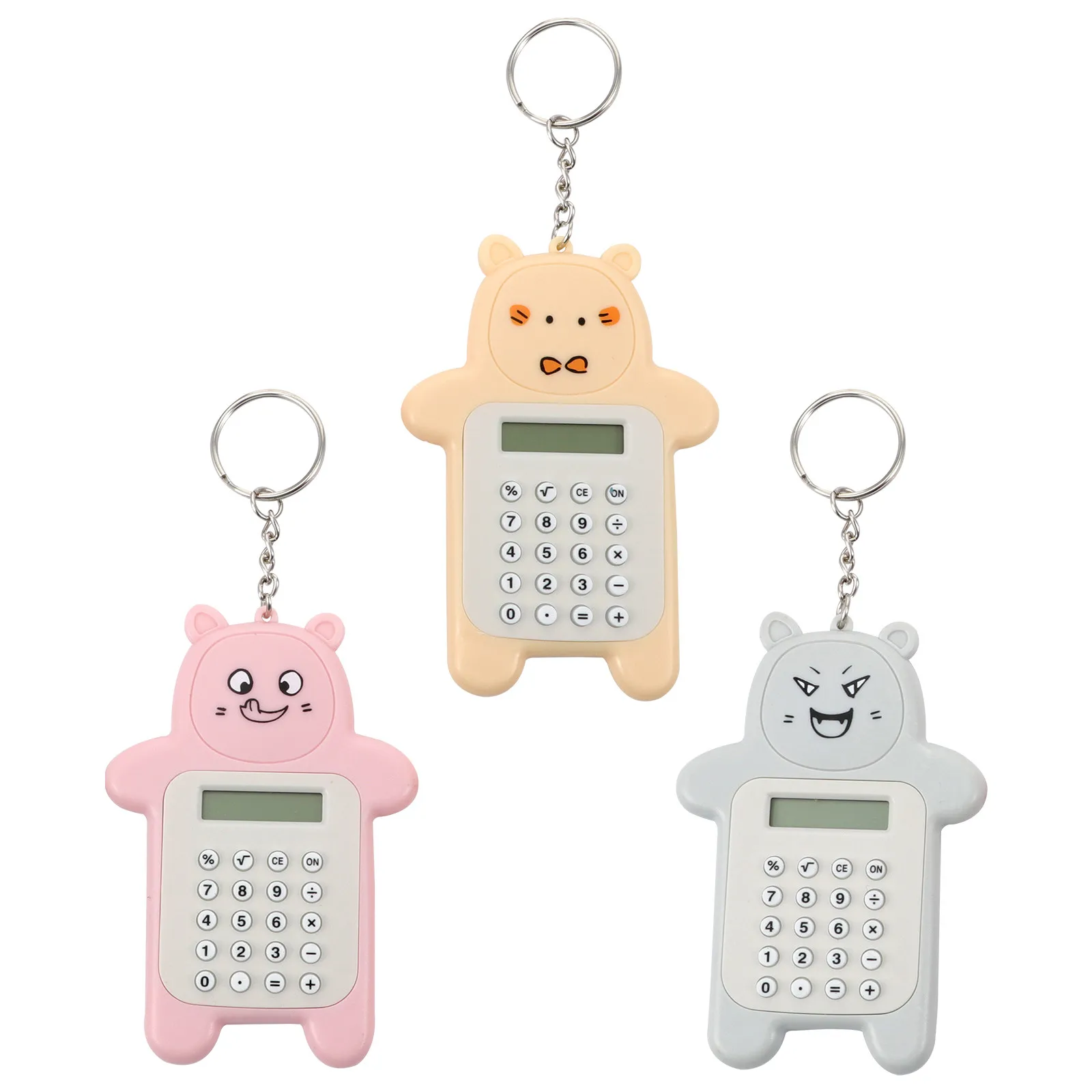 3Pcs 귀여운 곰 모양 전자 계산기 키 체인 펜던트 학생 사무실 가방을위한 미니 휴대용 포켓 계산기