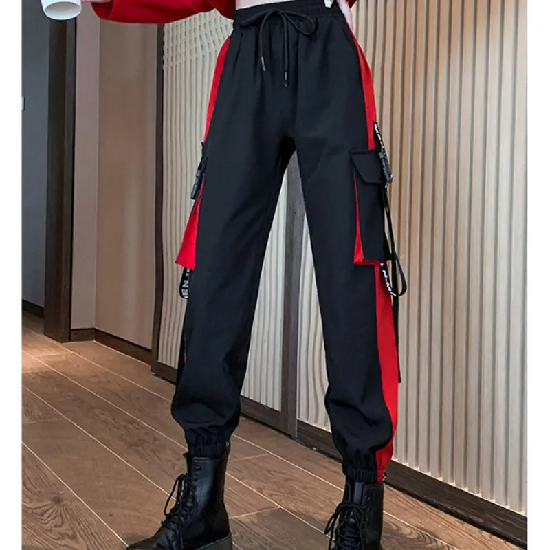 

American Vintage Black Red Cargo Pants Fashion Many Pocket Straight Mopping Pants High Street Y2K Baggy Wide Leg Trouser Ladies