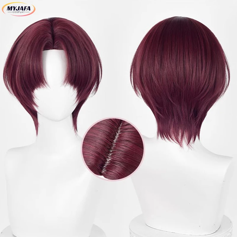 Hayato Suo 코스프레 짧은 가발, 애니메이션 다크 다크 브라운 레드, 내열성 합성 머리, 할로윈 파티 가발 및 가발 모자