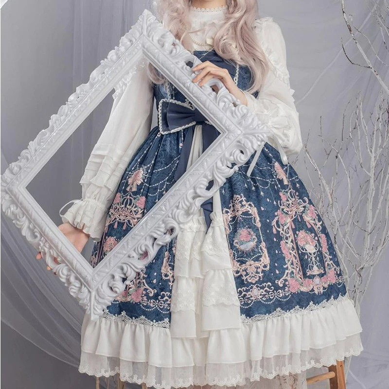 Lolita Dress Japanese Elegant Vintage Style Bow Flower Print Cosplay