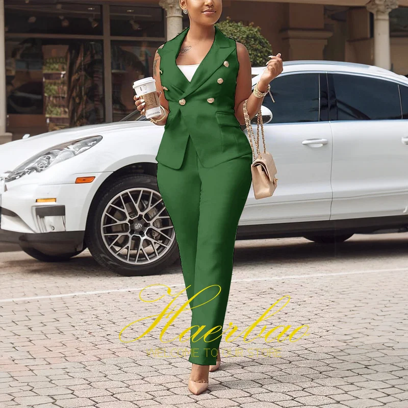 Women's Double Breasted Suit Pants and Vest, Loose Outfit, Office Workwear for Ladies, Fashion, 2Pcs