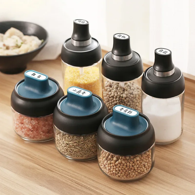 

Glass seasoning bottle kitchen household salt monosodium glutamate jar with spoon box combination set