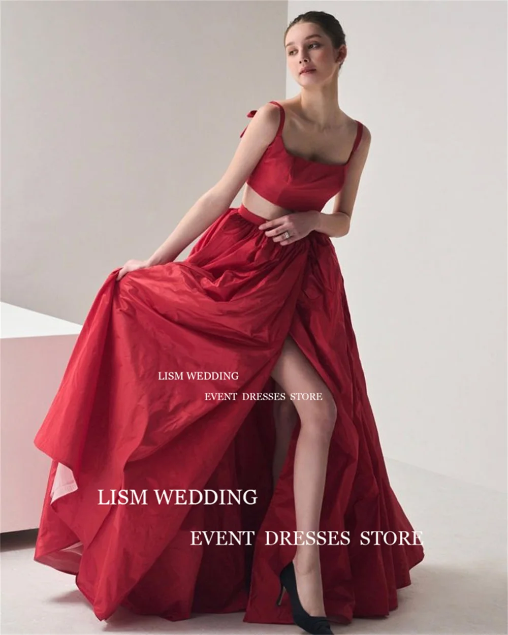 LISM 2 Pcs Red A Line Evening Dresses Photo Shoot Square Neck Short Top Prom Formal Occasion Gown High Side Split Party Dress