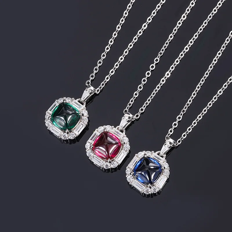 

S925 Sterling Silver Main Stone 8*8mm Emerald Sapphire Pendant Necklace Women Jewelry Vintage Simple Wedding Festival Gift Chain