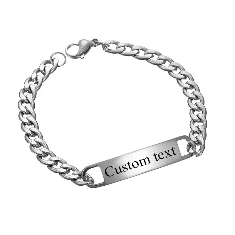 Custom Logo Text Engrave Name Bracelets Stainless Steel Women Personalized For Men Id Bracelet Dropshipping Wholesale personalized customized text eight strand weave leather bracelets engrave logo name stainless steel bracelet for women men