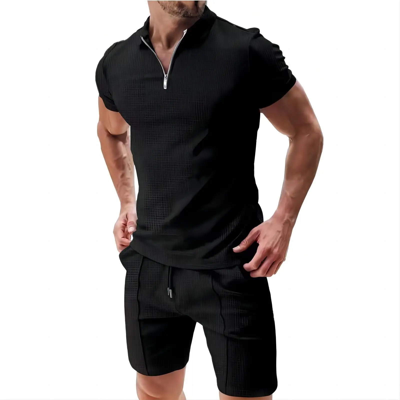 Cross border summer men's polo shirt set solid color waffle short sleeve slim lapel t-shirt casual men's set