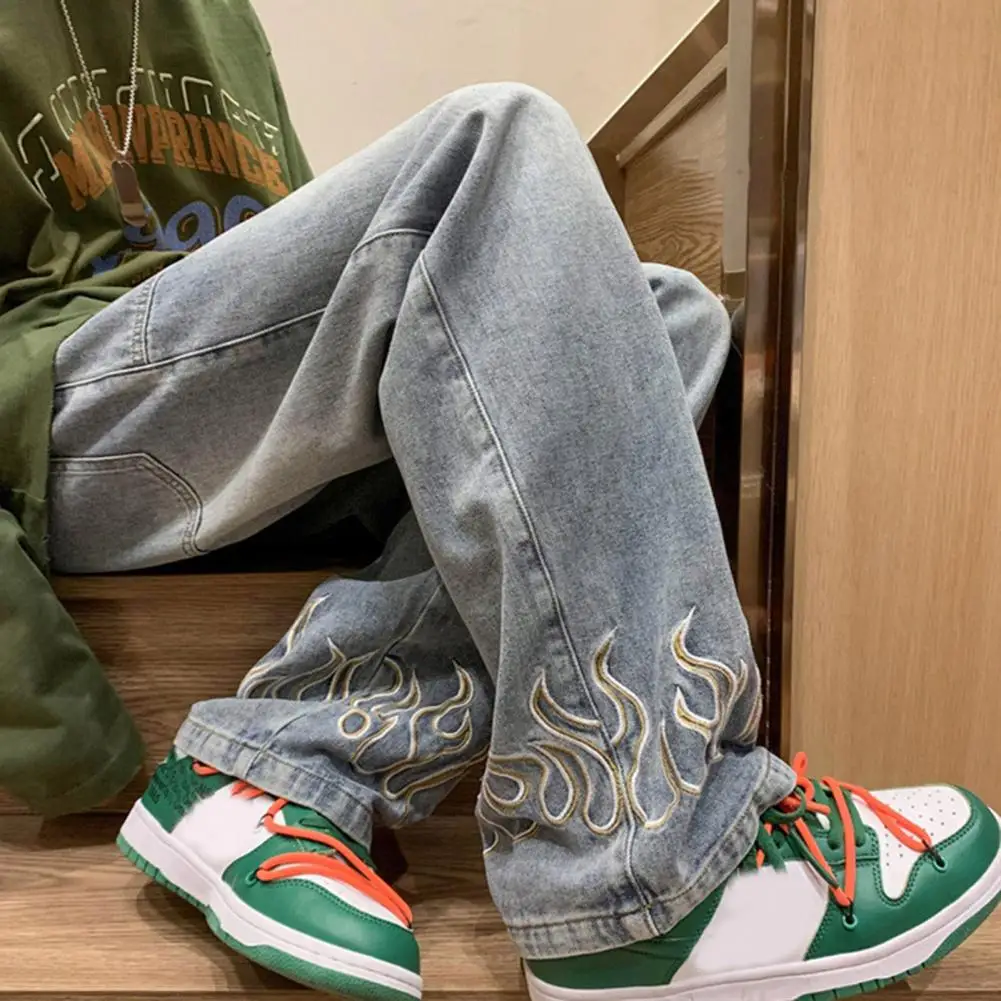 

Men Casual Jeans Flame Pattern Big Pockets Long Pants Straight Wide Leg Design High Street Distressing Denim Trousers