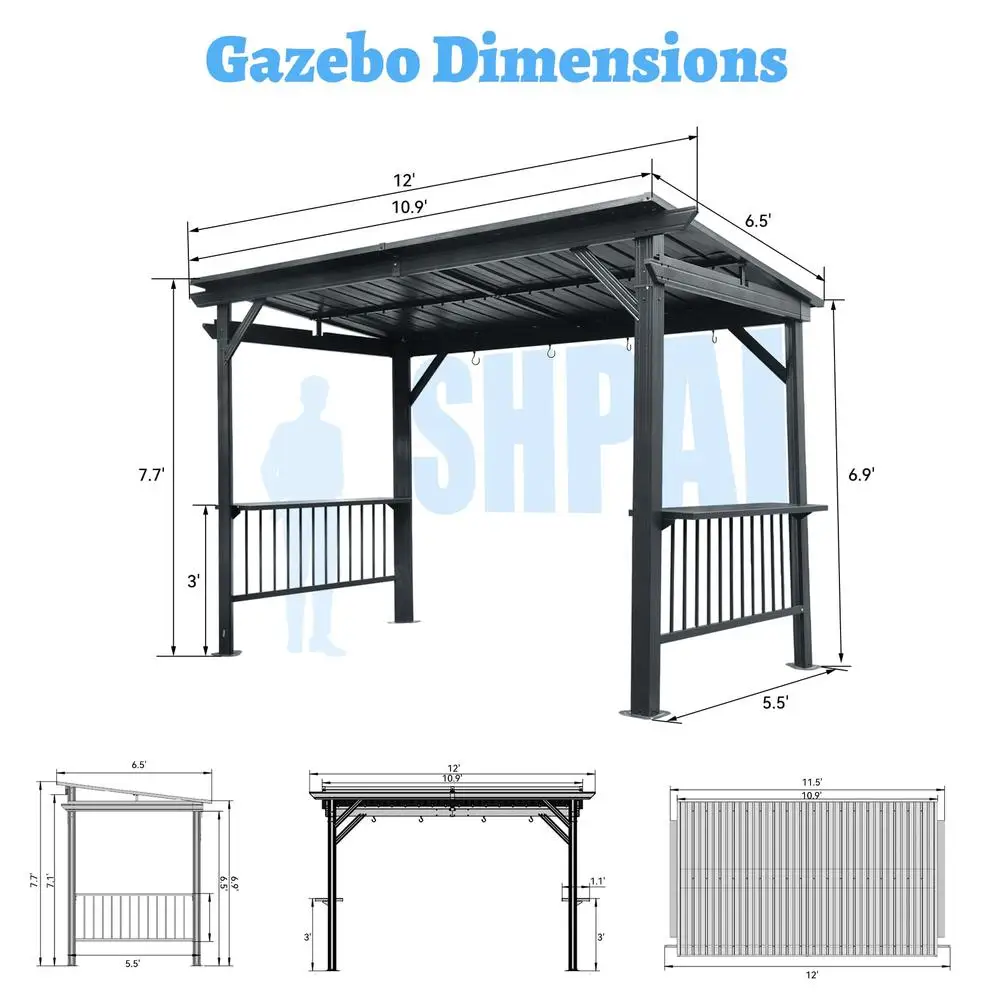 6.5x12FT Hardtop Grill Gazebo All-Weather BBQ Shelter with Side Shelves Ceiling Hooks Galvanized Steel Frame Outdoor Parties 3