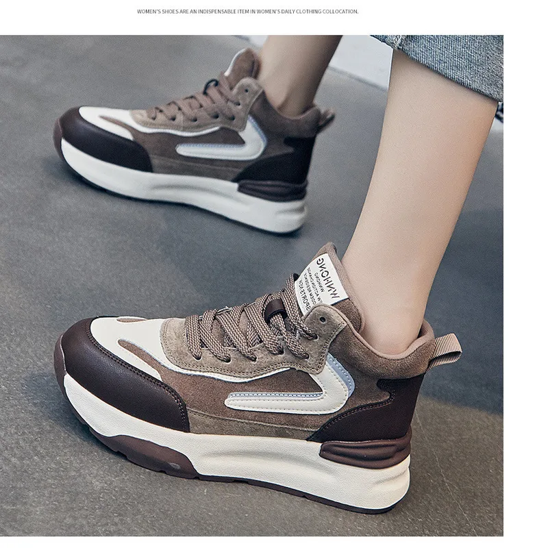 Women's Genuine Leather High Top Dad Shoes Thick Sole Trainers_voghion.com